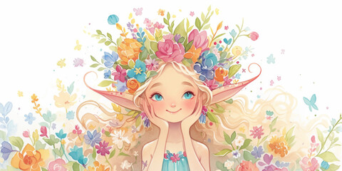 Obraz na płótnie Canvas A beautiful watercolor painting of a flower fairy with long blonde hair and blue eyes. She is wearing a crown of flowers and is surrounded by a meadow of flowers.