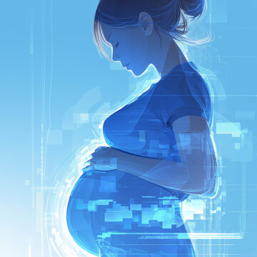 A digital illustration of a pregnant woman in profile, depicted with a futuristic and technological translucent overlay.