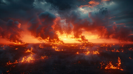 Fototapeta na wymiar Raging Inferno Against Ominous Twilight Sky in Apocalyptic Landscape - Dramatic 3D Rendered Cinematic Scene