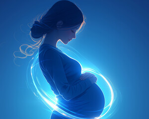 A glowing blue pregnant woman