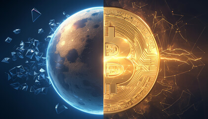 A golden bitcoin symbol superimposed on a blue planet. - obrazy, fototapety, plakaty