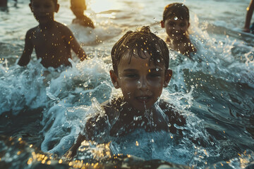 Kids Playing in Water at Sunset.