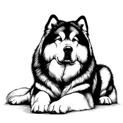 Full-length Alaskan Malamute laying down. Hand Drawn Pen and Ink. Vector Isolated in White. Engraving vintage style illustration for print, tattoo, t-shirt, sticker	