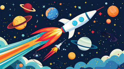 Cartoon space rocket leaving earth orbit 