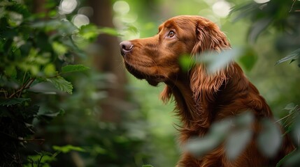 Naklejka premium Portrait of red Irish setter breed dog sitting among nature s foliage