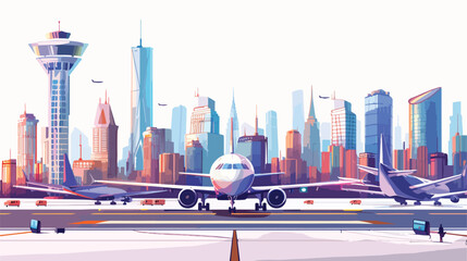 Cartoon urban panorama cityscape with airlines 