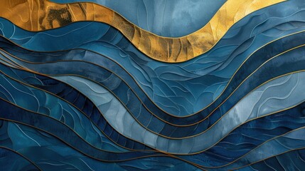 Explore the tranquil qualities of abstract wave lines in a calming blue and gold palette. - obrazy, fototapety, plakaty