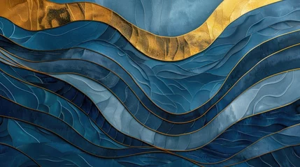 Foto op Canvas Explore the tranquil qualities of abstract wave lines in a calming blue and gold palette. © lara