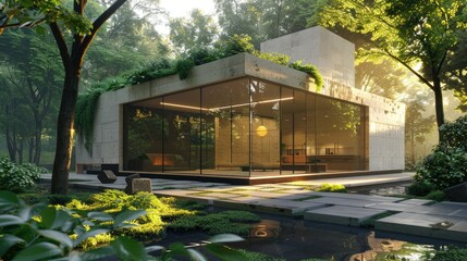 Generate a 3D rendering of a modern cubic house, isolated in a serene environment with abundant trees
