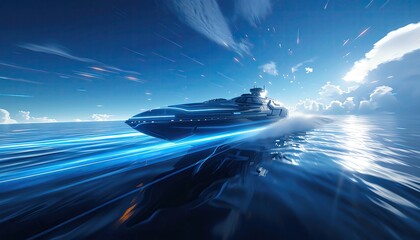 Transport viewers to a futuristic Maritime Adventure scene using CG 3D rendering techniques at eye-level angle, combining sleek digital aesthetics with innovative camera angles for a unique visual exp