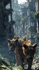 Shadowy Predators Prowling Amid Decaying Ruins in Cinematic 3D Render with Details