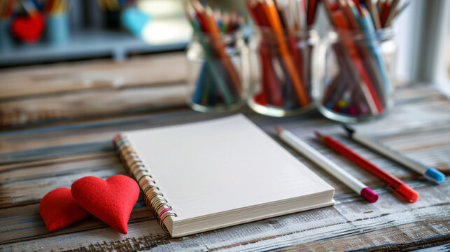 Top view of one blank book of paper on a wooden table with love