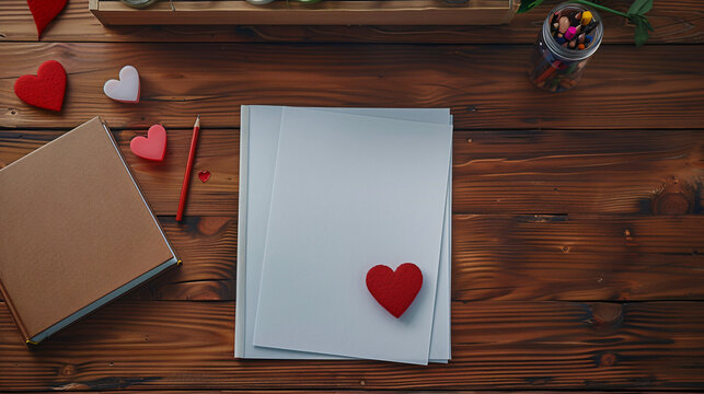 Top view of one blank book of paper on a wooden table with red love