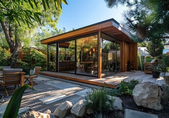 Modern tiny house, beautiful exterior, scenic view, created with AI