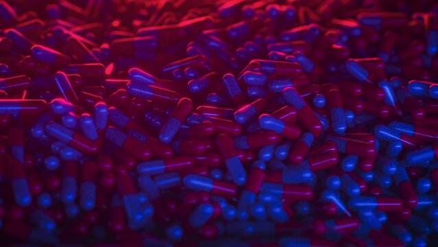 Mass of anxiety medication capsules building up and rolling down. Neon lights, psychedelic, 3d animation, 4k