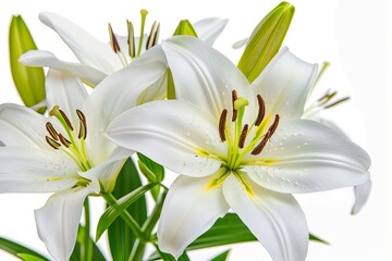 Elegant blooming lilies with buds, white background.