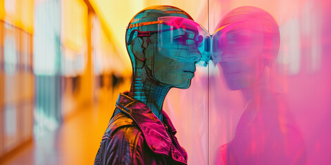 Dynamic power of AI technology future android robot cyborg VR science industry concept humanoid thinking in urban neon lights background 