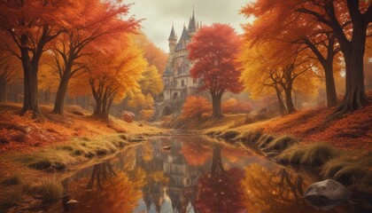 dreamy surreal fantasy fairytale world in autumn colors, digital illustration - obrazy, fototapety, plakaty
