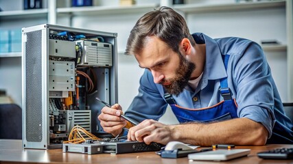 Technician at work: a workshop in bright colors. Repair in the workshop: photos with the participation of a technician. Bright colors: photo of the master repairing the part.Technician at work