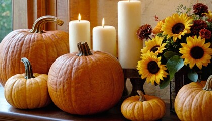 Festive autumn décor from pumpkins, flowers and fall leaves. Concept of Thanksgiving day