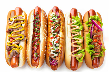 Set of delicious hot dogs, white background.