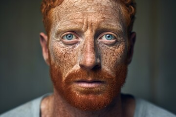 Fototapeta premium European man has drawn freckles on his face and poses with a surprised expression.