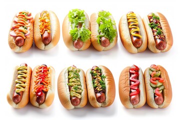 Set of delicious hot dogs, white background.