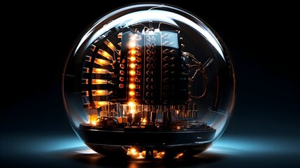 Illuminated Circuitry-Infused Translucent Sphere in Darkened Void Showcases Futuristic Technology and Innovation