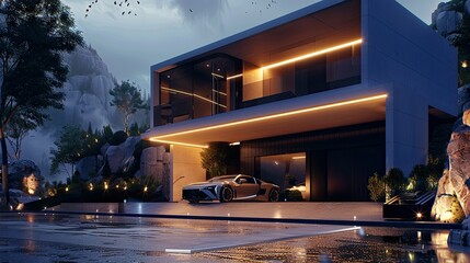 Generate a visually stunning 3D rendering featuring a modern cubic villa with an attached garage illuminated against the night sky