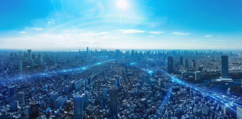 Metropolitan Skyline with Blue Digital Network Lines Intersecting