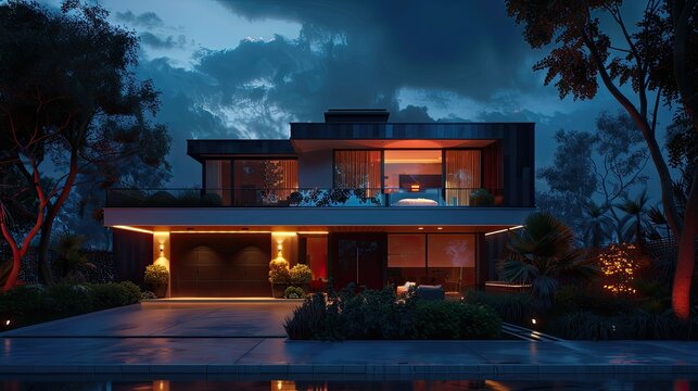 Generate a visually stunning 3D rendering featuring a modern cubic villa with an attached garage illuminated against the night sky