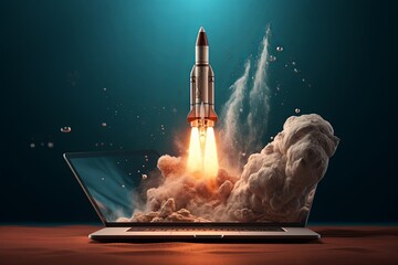 A commercial advertising picture of a new designed laptop coming with a modern science theme among...