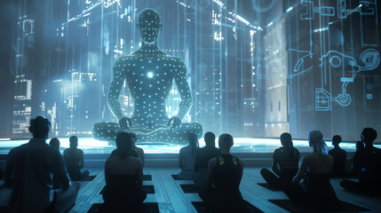 AI deity in a virtual temple, worshippers kneeling, silicon reverence - obrazy, fototapety, plakaty