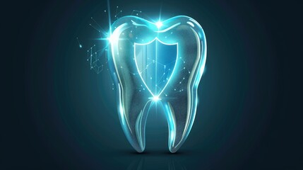 Generate an image that depicts a set of gleaming white, healthy teeth adorned with a protective shield