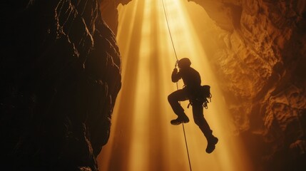 Cave explorer rappelling into the abyss, underground wonders, adventure and speleology - obrazy, fototapety, plakaty