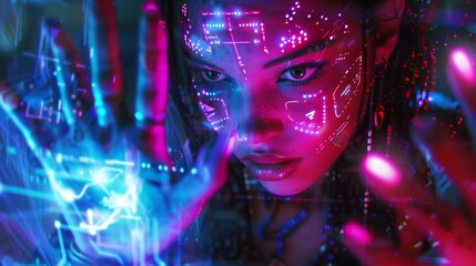 Cyberwitch casting neon runes, enchantment and circuitry, urban fantasy - obrazy, fototapety, plakaty