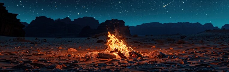 A campfire burns brightly in the midst of a desert landscape at night, casting warm light and shadow under a starry sky