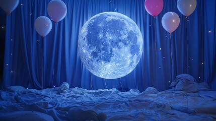 Design a captivating DIY giant moon with floating balloons on a solid backdrop, creating an enchanting night sky illusion