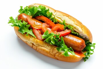 Single delicious hot dog, white background.