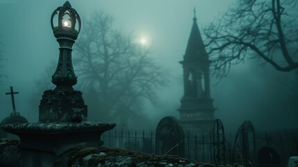 Ornate gothic podium in a misty graveyard at twilight, for Halloweenthemed products - obrazy, fototapety, plakaty