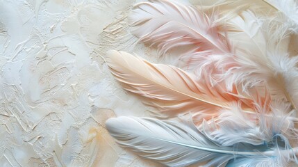 Elegant feather arrangement in soft pastels for luxurious decor, set against a matte ivory backdrop - obrazy, fototapety, plakaty