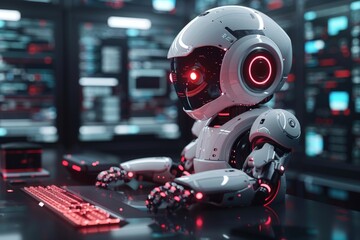 A helpful robot sits at desk typing and surrounded by software icons like Silverlight for web design, Generated by AI