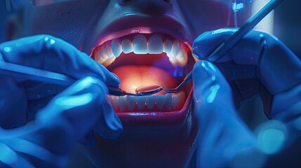 a visually detailed 3D render illustrating a dental professional conducting a thorough inspection of teeth using advanced diagnostic tools