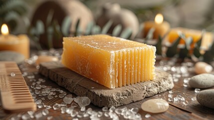 Close up of yellow handmade solid shampoo hair comb and stones on a table