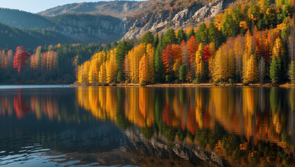 A photo of colorful trees by a lake.

