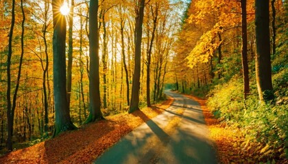 Fototapeta premium Spectacular autumn countryside with a road path through a dense forest and bright golden sunlight. Forest in shades of orange and teal in the fall.