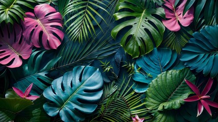 Background with variety of tropical plants leaves flora