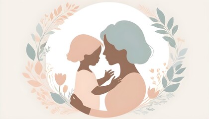 Mother's Day design featuring a delicate silhouette of a mother and child, rendered in clean lines and soft pastel colors, surrounded by subtle floral accents, conveying love and tenderness