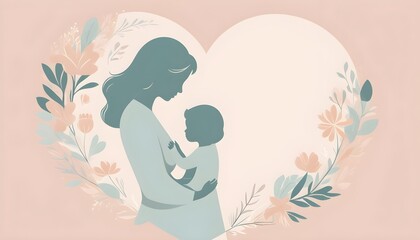 Mother's Day design featuring a delicate silhouette of a mother and child, rendered in clean lines and soft pastel colors, surrounded by subtle floral accents, conveying love and tenderness