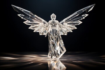 A female form statue with 2 big wings which is made of diamond, posing in a perfect stretching arms posture with majesty and confidence. Generative AI.